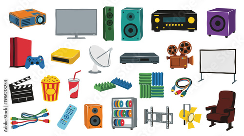 Collection of home theater and entertainment electronics and accessories for a cinematic experience at home