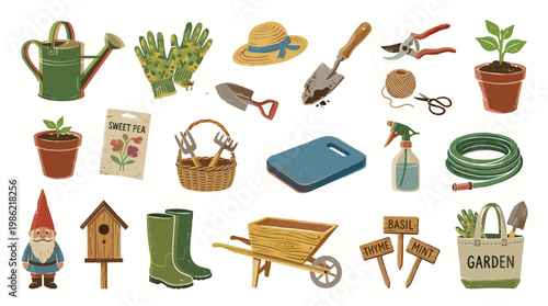 Gardening tools and supplies for planting and growing flowers vegetables and plants in the garden with a gnome and birdhouse