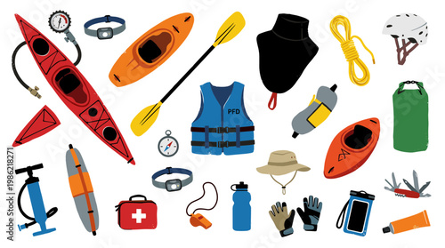 Collection of outdoor adventure and water sports equipment for kayaking and camping, including life vest, paddle, kayak, helmet, and first aid kit