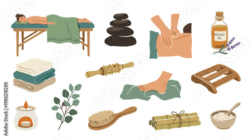 Wellness spa massage elements and tools for relaxation and body care collection including hot stones oils and towels for therapeutic treatments