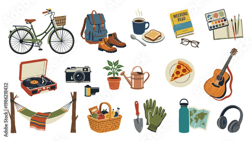 Collection of items for outdoor recreation and hobbies including a bicycle, backpack, boots, camera, hammock, guitar, and gardening tools for a relaxing weekend.