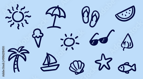 Hand drawn doodle icons representing summer vacation and beach activities like sun ice cream palm tree and watermelon on a light blue background