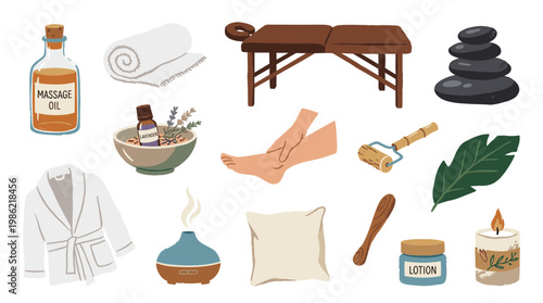 Relaxing spa and wellness items including massage oil, rolled towel, massage table, hot stones, aromatherapy diffuser, robe, pillow, lotion, and candle for a tranquil spa experience.