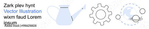Sustainable growth, technology development, global interconnection, problem-solving, engineering, education. Watering can, gear and planetary orbit illustrations. Growth and technology development