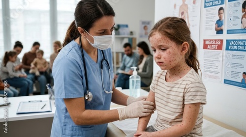 A healthcare worker vaccinates a young girl in a doctor's office. The nurse, wearing a blue uniform and a face mask, administers the vaccine to the child, who appears slightly apprehensive.