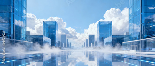 Futuristic cityscape with glass skyscrapers