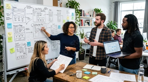 A diverse group of professionals collaborates around a large whiteboard covered in user flow diagrams and wireframes.