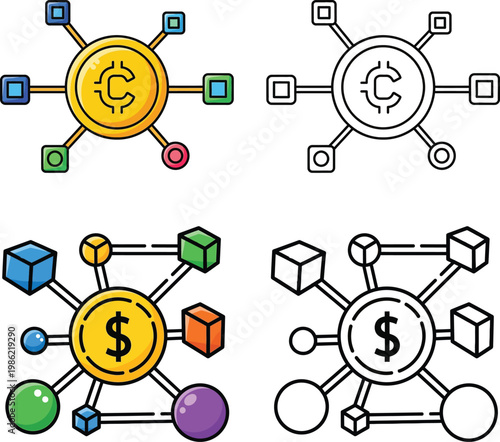 Cryptocurrency Blockchain Network Icon Set Featuring Dollar and Cent Symbols for Fintech and Decentralized Finance Concepts