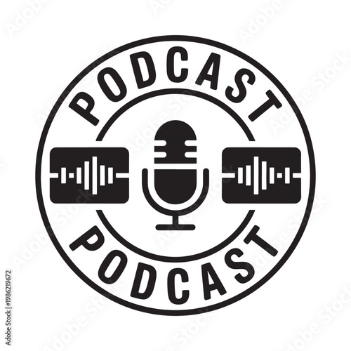 Black and white podcast logo featuring a microphone and sound waves