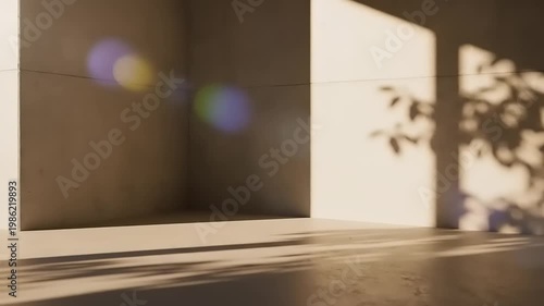 Sunlight casting shadows on empty room.