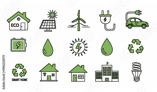 Modern eco energy thin line icon set with solar wind electric vehicle and green home symbols