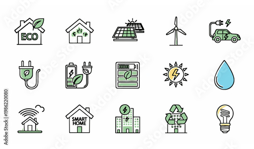Green energy eco home line icon set with solar wind electric vehicle and renewable power symbols