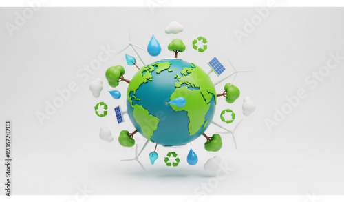 World Environment Day 3D illustration with eco earth renewable energy and sustainability concept for banner poster design