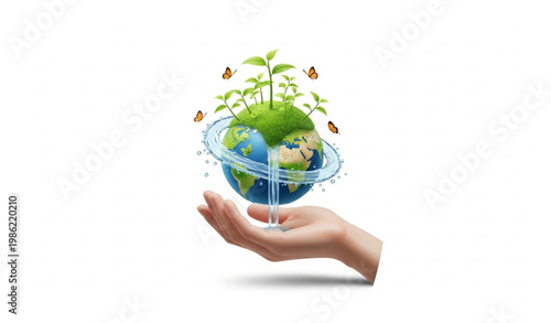 Creative World Environment Day concept with hand holding eco earth nature protection 3D render for poster banner
