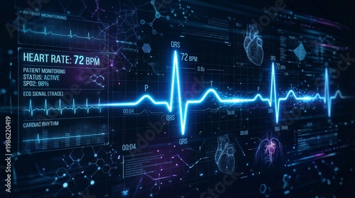 Close Up of Digital Heart Rate Monitor Displaying Pulse Wave and 72 BPM Vital Sign Data in a High Tech Medical Interface with Glowing Blue Elements