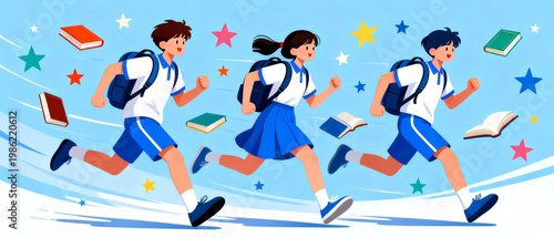 Three students running with books