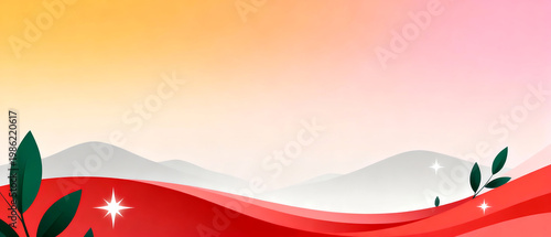 Abstract landscape with red wave and green leaves