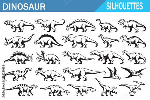 Set of dinosaur silhouettes with extinct reptile figures in black on white