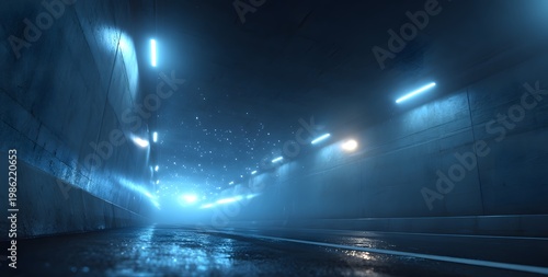 Cinematic underground concrete tunnel perspective with glowing blue lights and floating sparks creating atmospheric mood for high tech transportation infrastructure and modern urban passageway