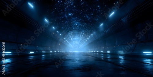 Futuristic science fiction tunnel interior with glowing blue neon lights and stardust particles illustrating advanced technology high speed transit corridor and empty spacecraft interior space