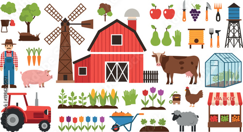 Farmyard Essentials with Tractor, Barn, Vegetables, Animals, and Farming Tools for Agricultural and Rural DesignsFarmyard Essentials with Tractor, Barn, Vegetables, Animals, and Farming 