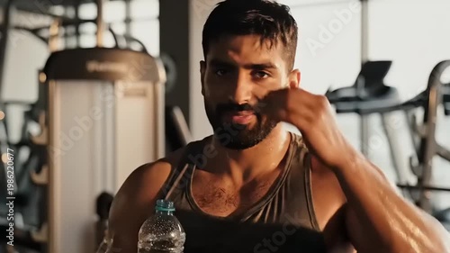 Sweaty man drinking water at gym.