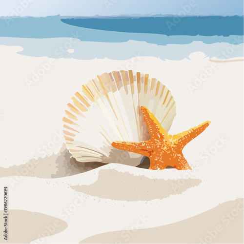Eine ruhige Küsten-Stillleben-Szene mit einer zarten Muschel und einem Seestern