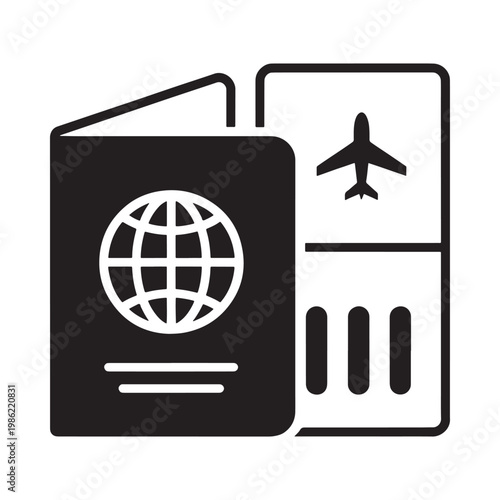 A black glyph depicting an open passport with a plane and globe