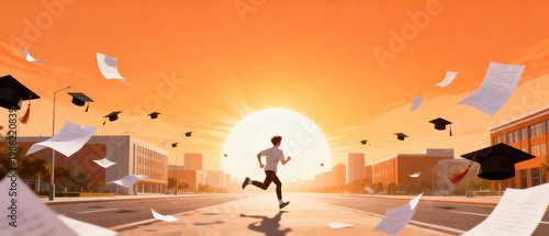 Person running on street with floating hats and papers