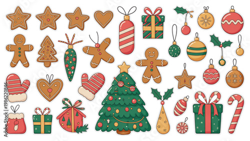 Colorful holiday icons featuring gingerbread men, ornaments, and festive christmas trees Vector