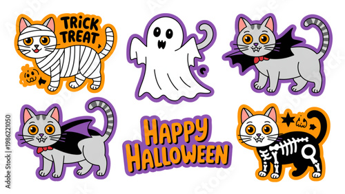 Colorful cartoon ghosts and animals celebrating halloween with a jack-o'-lantern Vector