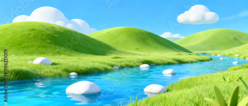 Cartoon landscape with stream and hills
