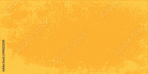 Yellow orange halftone pattern. Retro comic gradient background. Square pixilated dot cartoon texture. Pop art faded gradient pattern