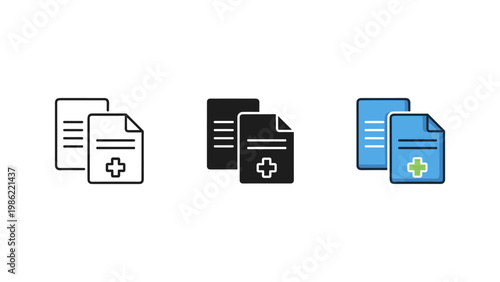 Two stacked medical records or patient files featuring a prominent healthcare cross symbol.
