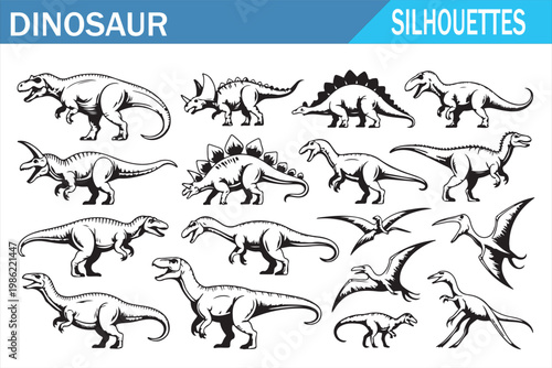 Black dinosaur silhouettes pack with jurassic reptile creatures isolated background