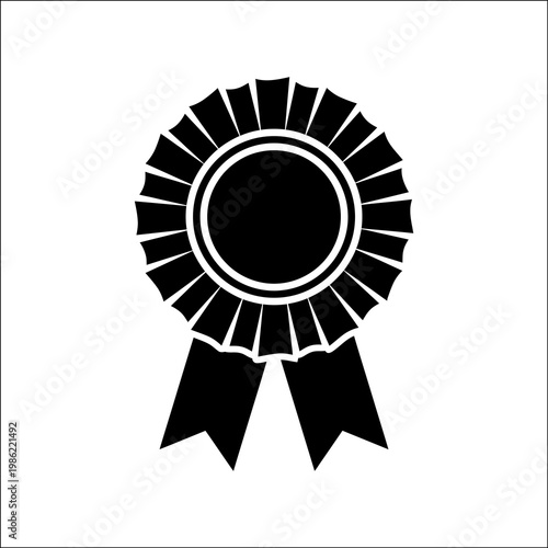A black rosette award in silhouette mode, set against a clean white background, representing achievement and recognition.