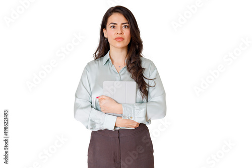 Фотография Confident business woman holding a digital tablet with a serious expression, rea