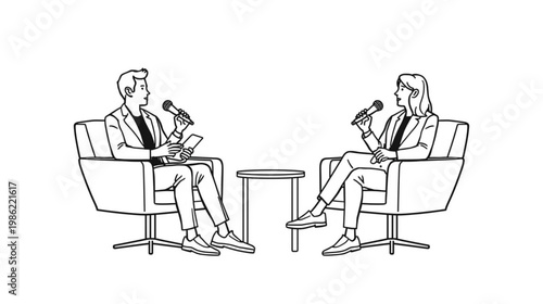 Two professionals sitting in chairs discussing with microphones