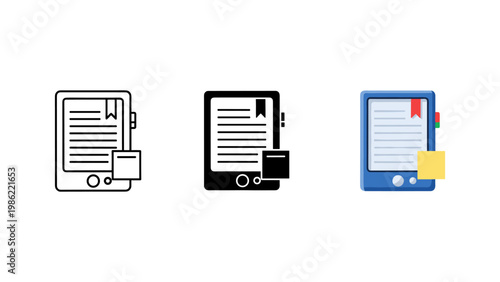 A digital e-reader or tablet displaying text with a bookmark and a supplementary book icon.