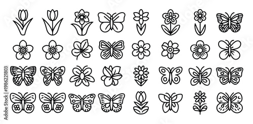 Decorative butterflies and floral blossoms outline collection for spring season graphic design