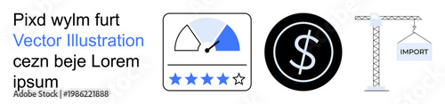 Economic analysis, trade insights, business metrics, industry development, finance, and commerce. Illustrated icons - rating dial, dollar sign and construction crane. Economic analysis and trade