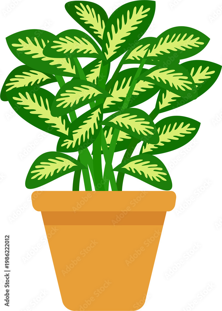 Fototapeta premium Variegated Green Houseplant in Clay Pot Flat Vector Illustration on Isolated Transparent Background