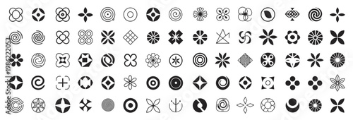 Variety of abstract graphic symbols, including circular, floral, and geometric designs in black