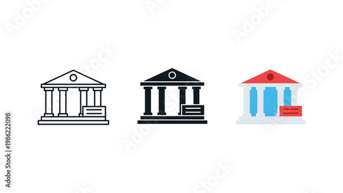 An iconic classical building with columns, associated with banking, justice, or culture, presented in three styles.