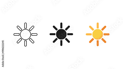A stylized sun icon with radiating rays, representing brightness, weather, summer, or light settings in three variations.