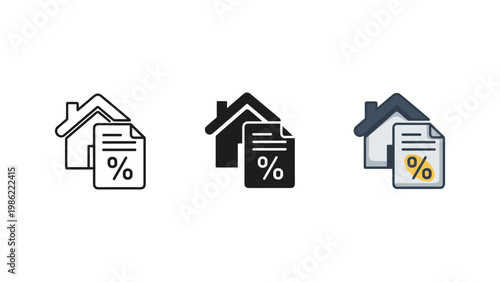 A house icon with a document showing a percentage, symbolizing mortgage rates, property taxes, or real estate finance.