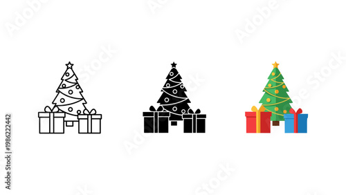 A beautifully decorated Christmas tree surrounded by festive gift boxes, symbolizing holidays, celebration, and giving.