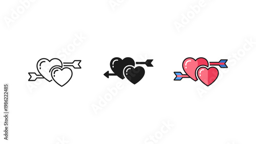 Two intertwined hearts pierced by an arrow, a timeless symbol of love, romance, or affection in three art styles.