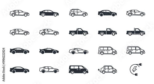 Set of Various Car and Electric Vehicle Icons