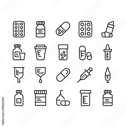 Line art illustration depicting various pharmaceutical medicines and medical tools